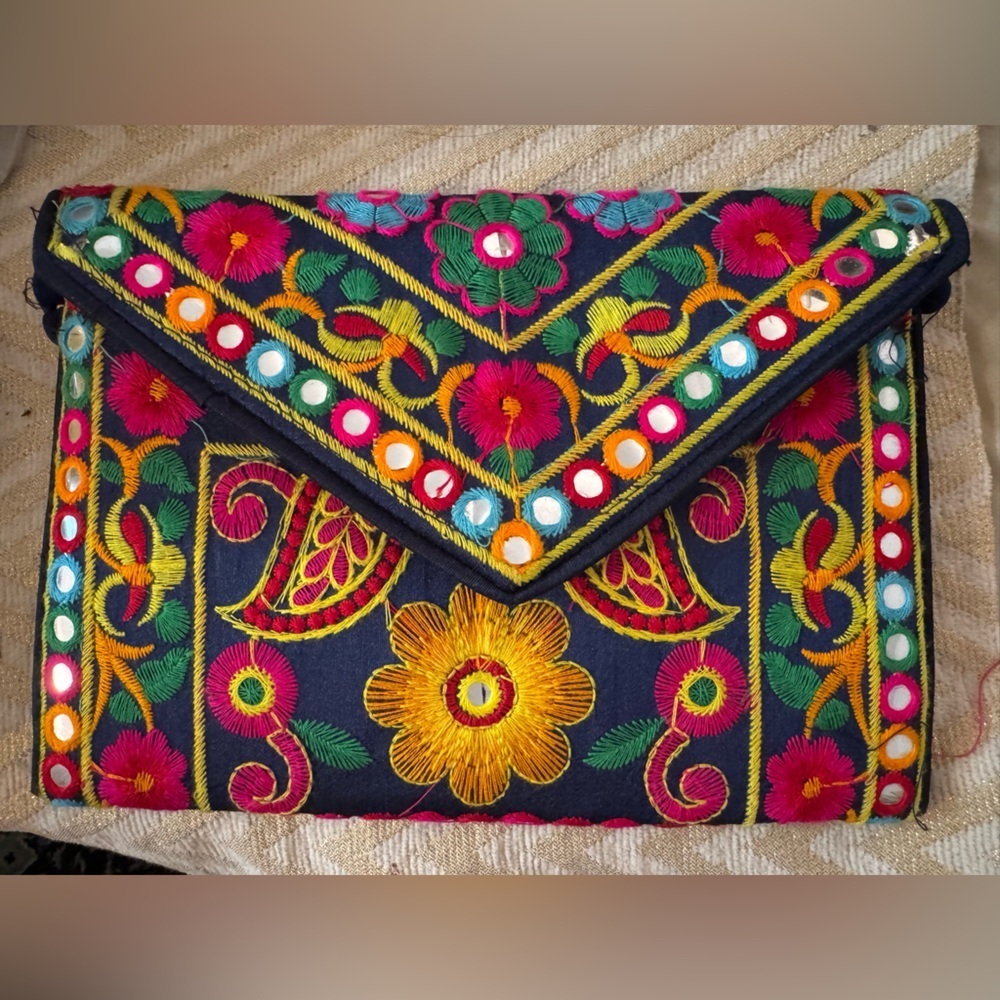 Handmade Navy Banjara Indian Clutch Purse Multi-Color Boho Retro Crossbody